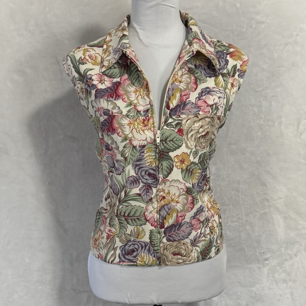 Vintage Floral Crop Top Vest 14 Full Zip Shabby Chic English Country Cottagecore